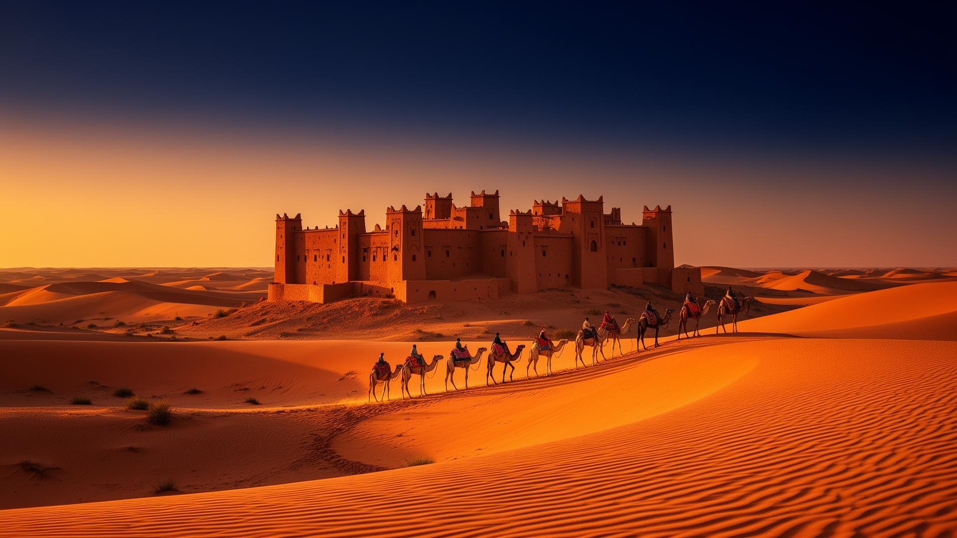 Caravane traversant les dunes du Sahara devant une kasbah